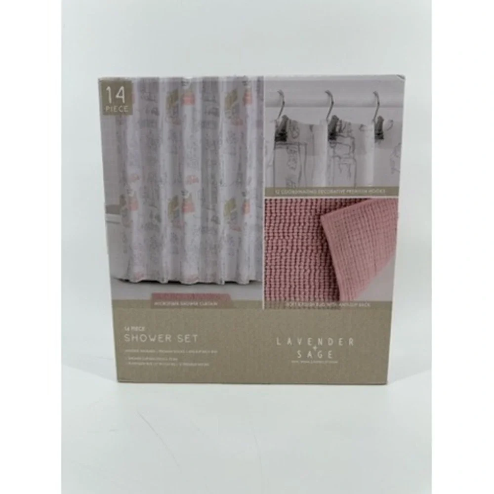Lavender and Sage‎ Paris Eiffel Tower Shower Curtain Rug Hook Set 14 Piece